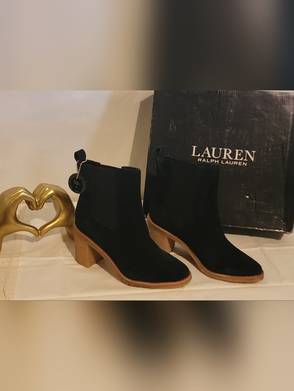 Ralph Lauren Black Suede Chelsea Booties with Tan Block Heel